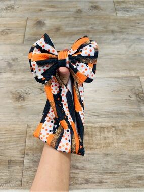 Baby Girl Handmade Halloween Bow Headband 0-6M Orange Black Bullet Fabric